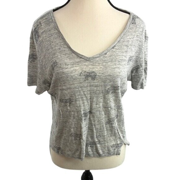 Tabitha Webb Linen T Shirt Womens Size S Gray V-Neck Elephant Print Short Sleeve - Picture 1 of 7